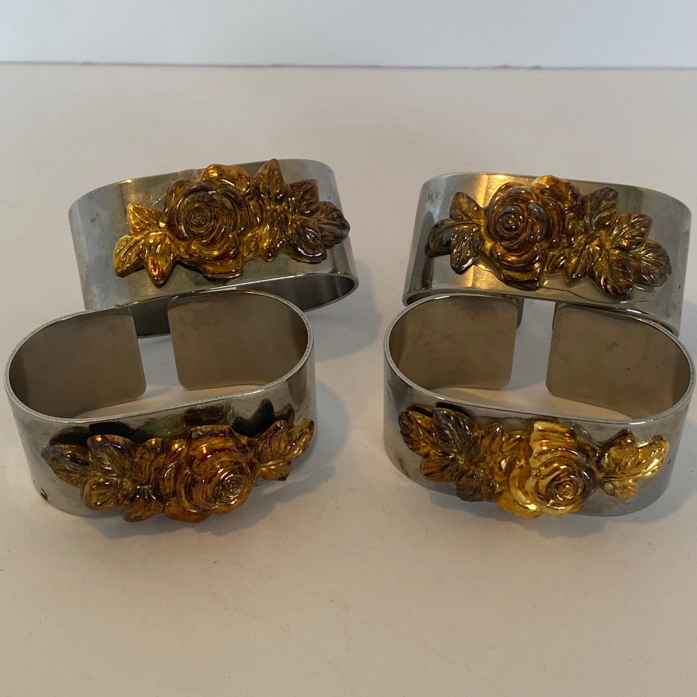 Napkin Rings Gold Good Vintage Rose Floral Set of 4